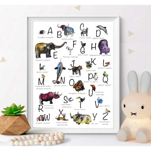 Bilingual English Spanish Animal Alphabet Canvas Painting Print Nursery Educational Poster Letters Wall Art Kids Room Home Decor