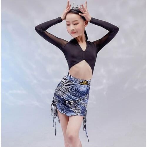 Latin Dance Practice Clothes Girls V-Neck Long Sleeve Tops Drawstring Skirt Leopard Dance Wear Kids ChaCha Samba Costume VDB3412