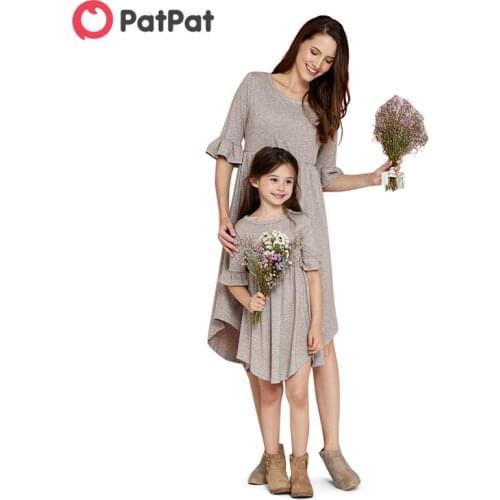 PatPat 2020 Summer and Spring Mosaic Solid Puff-sleeve Cotton Dresses for Mommy and Me Matching Outfits