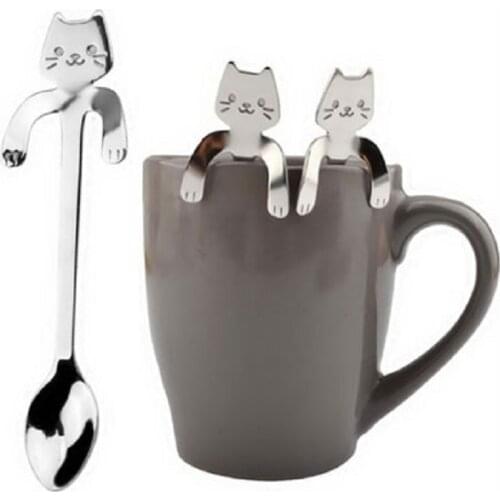 Hot Sale Coffee Spoon Mini 304 Stainless Steel Cartoon Cat Spoon Long Handle Flatware Coffee Drinking Tools Kitchen Gadget