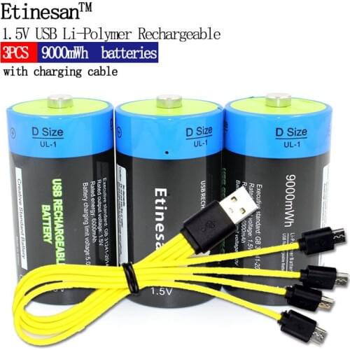 Etinesan 3pcs 1.5V 6000mAh Li-polymer Rechargeable D Size Battery Li-ion powerful Toys Batteries + USB Chargeing Cable