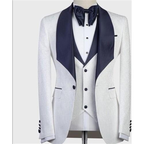 Fashion Jacquard Mens Suit 3 Pieces One Button Jacket Vest Pants Navy Lapel Formal Wear Groom Best Man Suit Wedding Tuxedos Wear