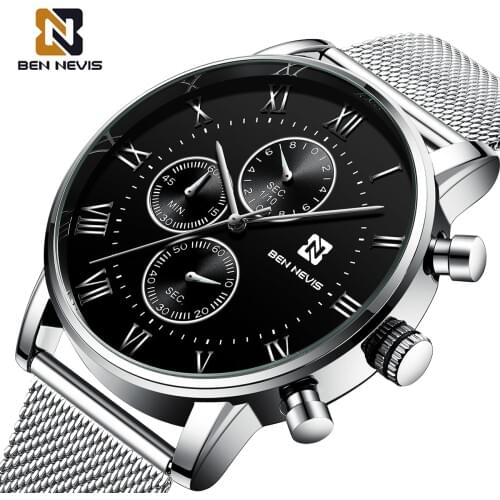 BEN NEVIS Male Watch Fashion Black Dial Silver Mesh Belt 3 Small Chronograph Dial Waterproof Watches Quartz Relogio Masculino