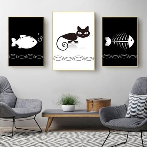 Nordic Modern Style Cartoon Animal Black Cat White Fish Posters Home Decor Canvas Painting Print Wall Picture for Living Room
