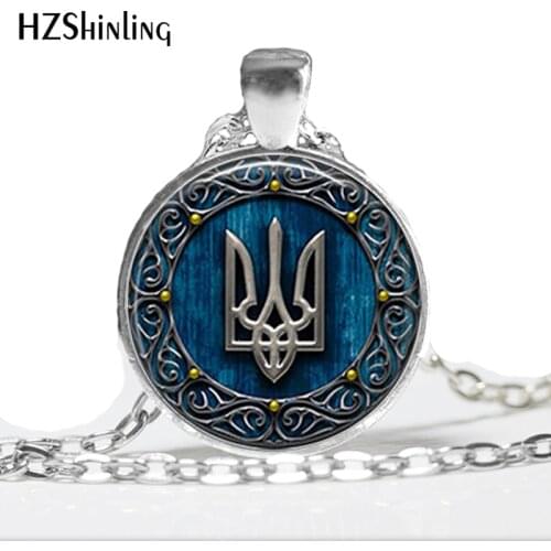 HZ--A336 On sale Tryzub Ukraine necklace pendant-in Round for men Glass round Cabochon Necklace Ukraine jewelry HZ1
