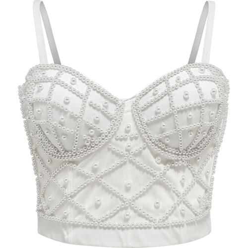 Sexy White Corset Pearl Top Rhinestone Bustier Y2k Crop Top Festival Clothing Fairy Grunge Women Summer 2021 Mesh Camisole