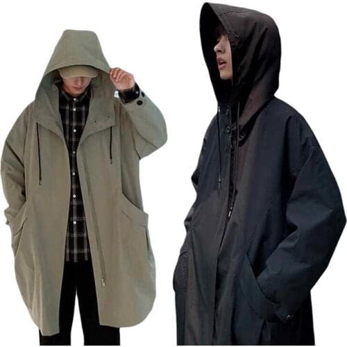 British Trench Mens Long Windbreaker Jacket Hip Hop Trench Overcoat Cotton Loose Outerwear Hooded Loose Trench