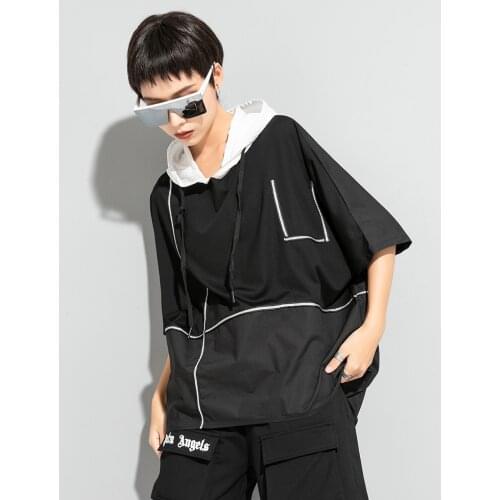 Street fashion brand new summer color contrast splicing bat sleeve hooded T-shirt loose casual irregular fashion sweater