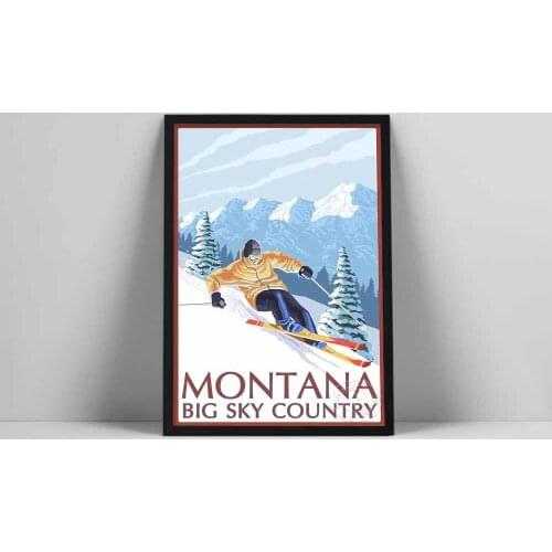 Winter Sports Skiing Montana Big Sky Country Travel Snowing Vintage Canvas Painting Snow Mountain Posters and Prints Home Decor