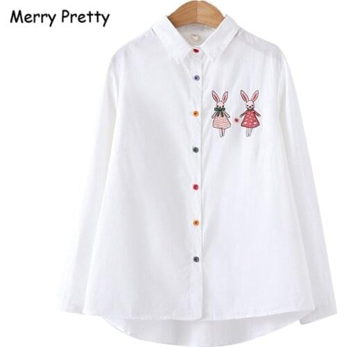 XUANHAO Autumn New Women Cotton Blouse Rabbit Embroidery Button Up Turn Down Collar Long Sleeve Blouses Sweet Top Feminina
