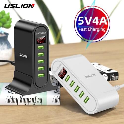 USLION 5 Port USB Charger For Xiaomi LED Display Multi USB Charging Station Universal Phone Desktop Wall Home EU US UK Plug
