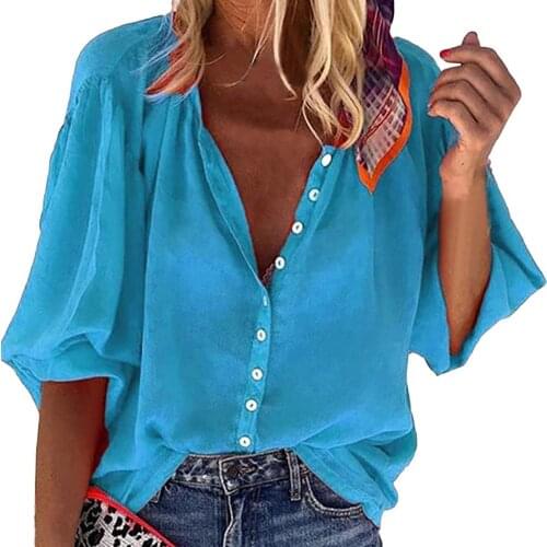 Women Casual Shirt 2021 Lantern Sleeve Solid Color Women Blouse Simple V-Neck Buttons Closure Casual Shirt Streetwear