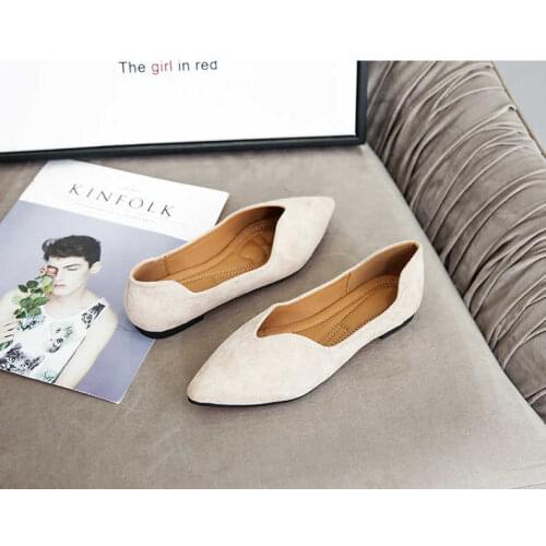 2021 Spring Women Flats Black Pointed Toe Ballet Flats Shallow Boat Shoes Woman Flock Casual Shoes Female Loafers Apricot Pink