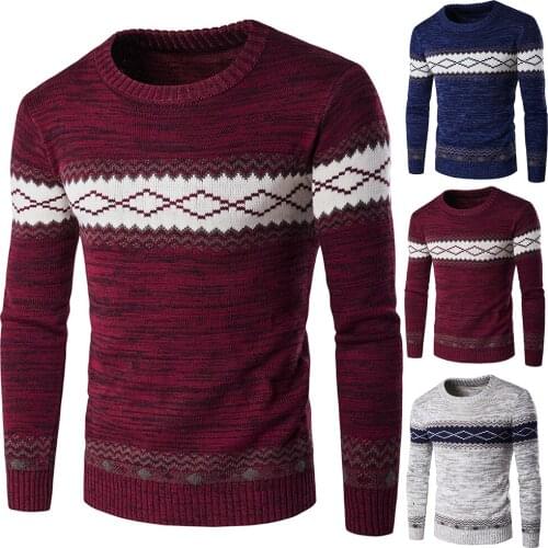 Winter Men O-Neck Long Sleeve Slim-Fit Knitted Sweater Male Casual Geometric Pattern Warm Pullovers