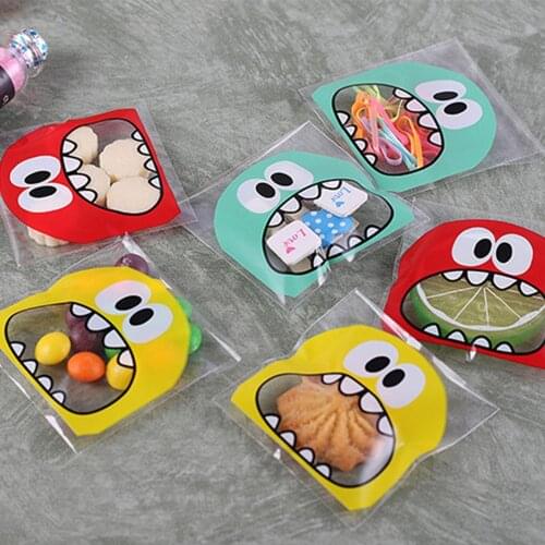 100Pcs Cute Big Teeth Mouth Monster Plastic Bag Wedding Birthday Cookie Candy Gift Packaging Bags OPP Self Adhesive Party Favors