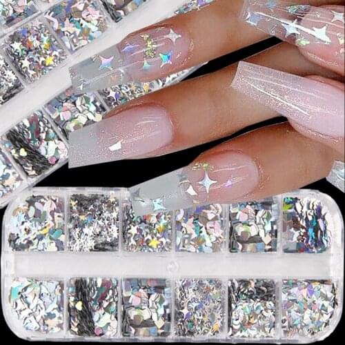 12 grids/box nail sequins holographic laser flake mixed triangle moon star heart silver irregular nail art decoration