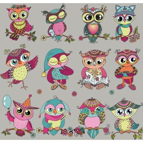 12Pcs/Set Cartoon Owls Patch Garment Thermal Transfer Stripe Diy A-Level Washable Ironing Stickers Baby T-Shirt Appliques