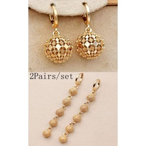 2 PairsTrendy Gold Plated Copper Round Ball Drop Earrings For Women Girls Fashion Jewelry Accessories Birthday Wedding Party