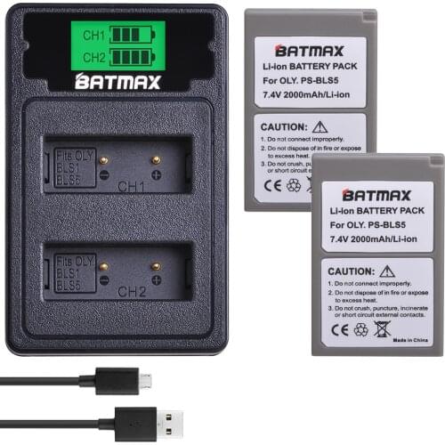 2Pcs 2000mAh PS-BLS5 PS BLS5 BLS50 Battery + USB LCD Charger Type C for Olympus PEN E-PL2,E-PL5,E-PL6,E-PL7,E-PM2, OM-D E-M10