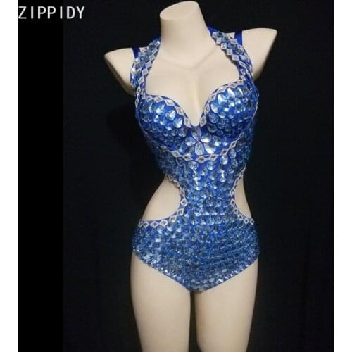 Glisten Blue Silver Stones Bra Low Collar Bodysuit Female Singer Jazz Dance Show Spandex Outfit Prom Party Club Wear