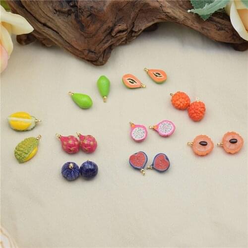 Fruit style 30pcs/lot cartoon Papaya, dragon fruit, lychee, fig Durian shape resin beads with cap diy jewelry earring accessory