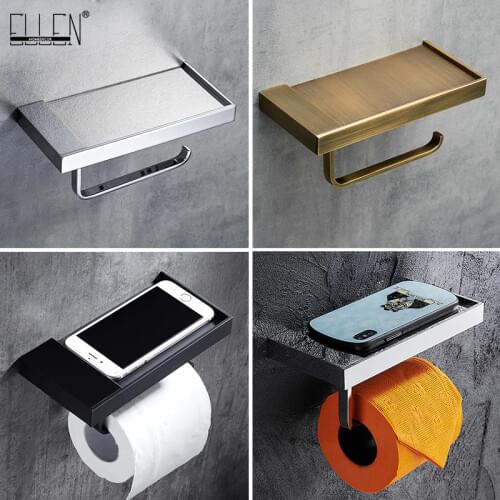 ELLEN Toilet Paper Holder Brass Wall Mounted Black Tissue Paper Holder Gold Roll Holder With Phone Storage ELB0987