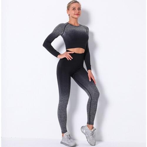 Gradient Sets Women Seamless Sports Set Fitness Sports Suits GYM Long Sleeve Shirts High Waist Leggings Workout Pants Shirts