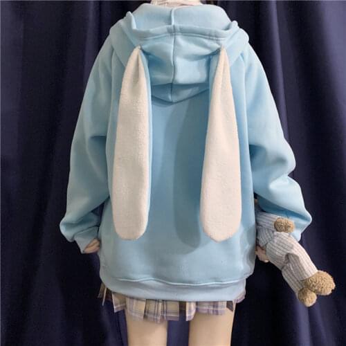 Korean Style Women Hoodie For Girl Spring Fashion Kawaii Rabbit Ears Sweatshirt Cute Long Sleeve Loose Embroidery Zip Up Hoodie
