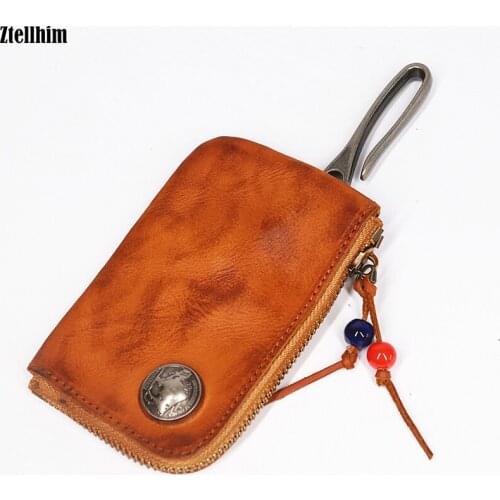 Genuine Leather Key Wallet Holder Men Vintage Handmade Cowhide Zipper Car Key Wallets Case Organizer Coin Purse With Card Holder