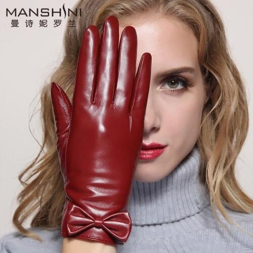 Leather gloves plus velvet thick winter ladies warm touch screen short bowknot sheepskin gloves womens fashion gloves 098