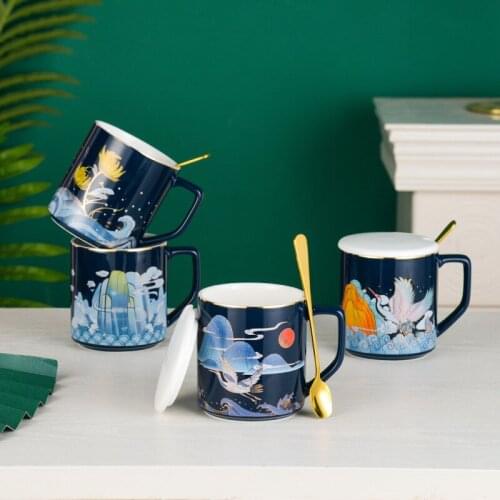 Net red Guochao Mug creative crane painted gold ceramic cup office tea cup gift meeting cup cup coffee cup set