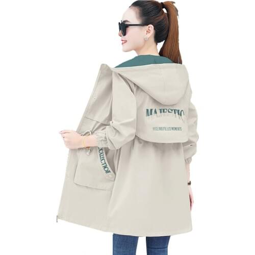 Womens Jackets Spring Autumn 2021 NEW Korean Loose Hooded Windbreaker Outerwear Female Plus Size Letters Mid-Length Jacket Lady