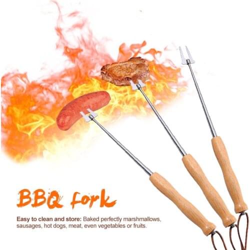 Marshmallow Grill Bar Retractable Rugged Wooden Stainless Steel Barbecue Fork Suitable for BBQ Hot Dog