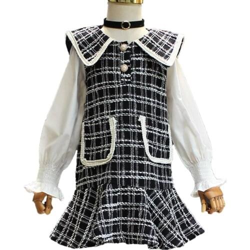 Sweet Girls Dress Kids Princess fake two Long Sleeve small fragrance Dress Children Plaid Dresses