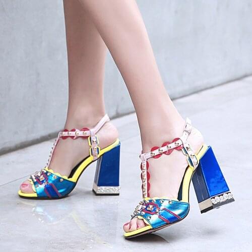 Fashion Women Shoes High Heel Women Genuine Leather Pink/Blue Sandals Round Toe Square Heels Girls Summer Shoes Ladies Sandalias