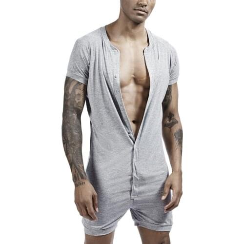 Mens Fashion New Style Sleepwear Sexy Short Sleeve Open Front Bodysuit Pure Color Button Casual Onesies Men 2020 Hot Sale