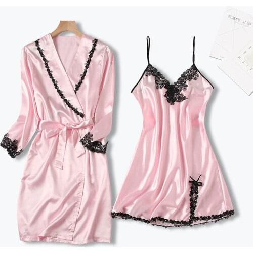 Summer New Sexy Silk Sling Gowns Robe Suit Comfortable Thin Bathrobe Morning Gown Lace Nightwear Home Wear Sexy Sleepwear