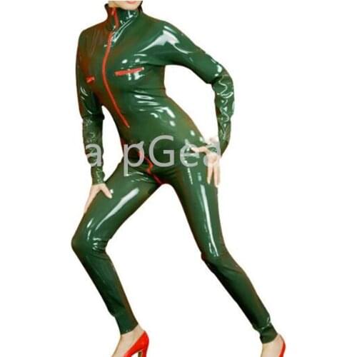 Sexy military latex suit front breasts crotch zipper Rubber Catsuit Jumpsuit Unitard overall BodySuit zentai
