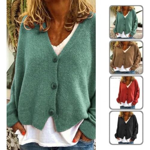 Casual Solid Color Single Breasted Sweater Women Cardigan Sweater Autumn Winter Comfy