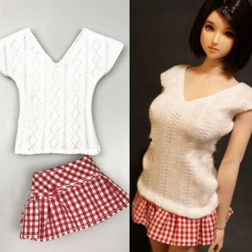 Customize 1/6 Sexy Female Figure Clothes V-neck T-shirt Red plaid Short Skirt Student Clothes Accessory Model for 12'' Body