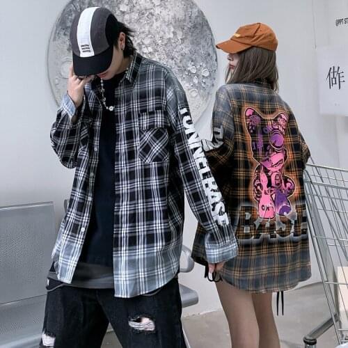 ERENEJIAN Hi Street Mens Plaid Shirts Cartoon Graffiti Oversized Hip Hop Tops Loose Fit Streetwear Painted Outerwear