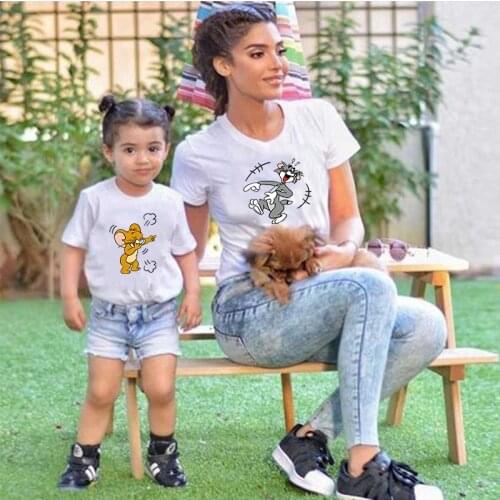 Cartoon Cat and Mouse Printed White Family Matching Costume Mother Children Daily Wear Kawaii Ulzzang Style Fashion Family Look