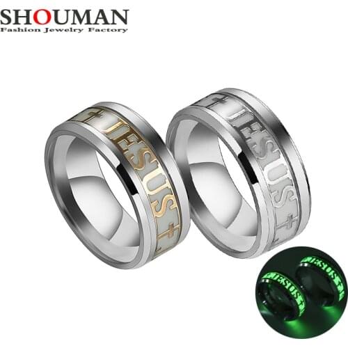 SHOUMAN Luminous JESUS Christ Prayer Titanium Steel Glowing In The Dark Wedding Engagement Rings For Women Men Jewelry