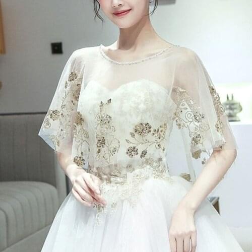 Flower Applique Tulle Capelet Bolero Wedding Cape for Bride Elegant Sequins Floral Wrap Bridal Cape Shawl Vintage Prom Capelet