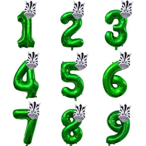 2pcs 32'' Green Number Foil Balloons Jungle Animal Ballon Zebra figure 1 2 3 year kid Boy Girl Happy Birthday Party Decor Globo