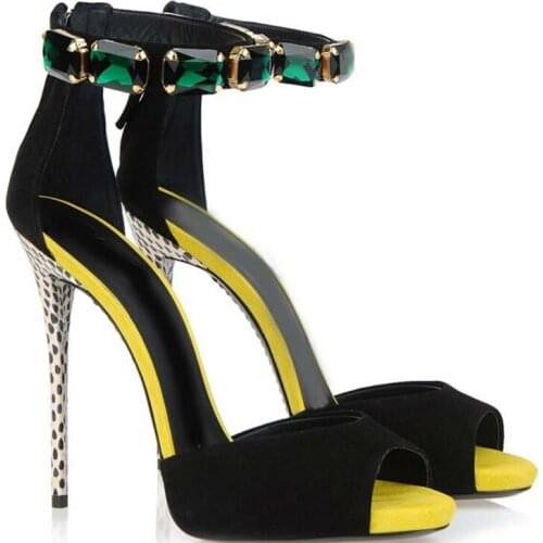 Lady Ink Green Rhinestone Ankle Straps Sandals Women Peep Toe Pumps Mixed color Bling Crystal Ladies Polka Dot Heels Dress Shoes