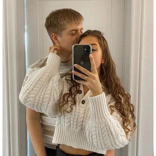 Ardm Za 2020 Woman Sweaters Vintage V Neck With Button Pullover Women Cable-knit Twist Winter Femme Cropped Tops Jumper Women