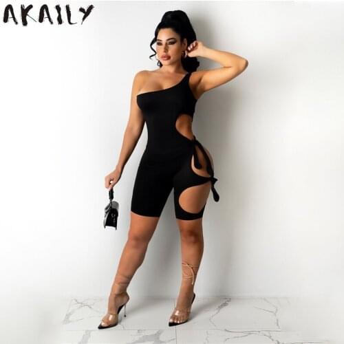 Akaily Streetwear Rompers Womens Jumpsuit Summer Outfit Black One Shoulder Backless Hollow Out Romper Female Bodycon Jumpsuit