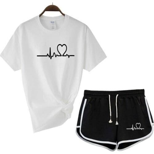 2021 Summer Ladies Printed T-shirt + Shorts 2-piece Set Love Large Cotton Ladies Sports Suit Jogging Fitness Girl Short Sleeve