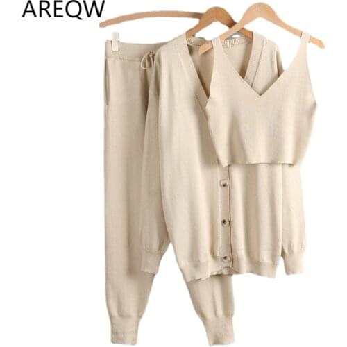 3 Piece Sets Women Cardigan Tracksuits Oversized Vintage Women Open Cardigans Coat + Short Tank Top + Harem Pants Suits